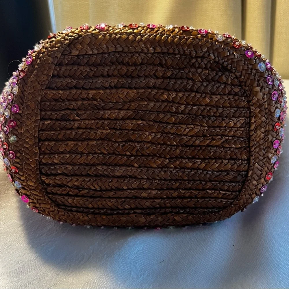 Victoria Secret sequined basket bag with wooden handles. Vintage